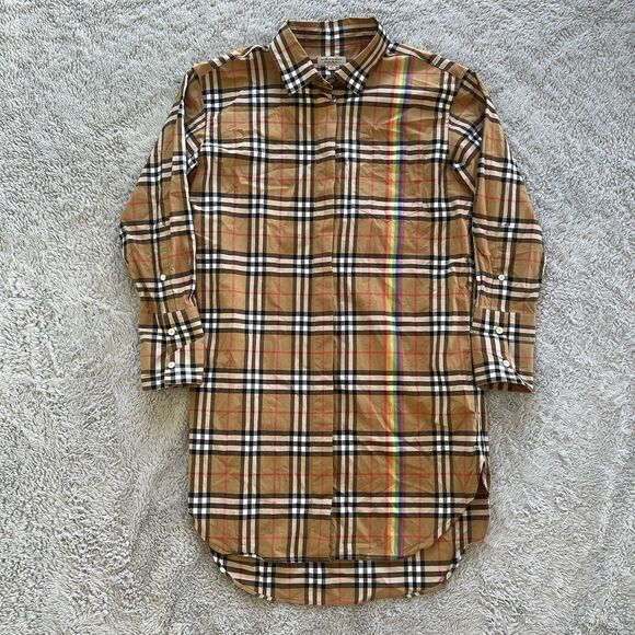 Burberry Women’s Nova Check Plaid Rainbow Stripe Shirt Dress Size 8 MISSING BELT - Picture 1 of 6